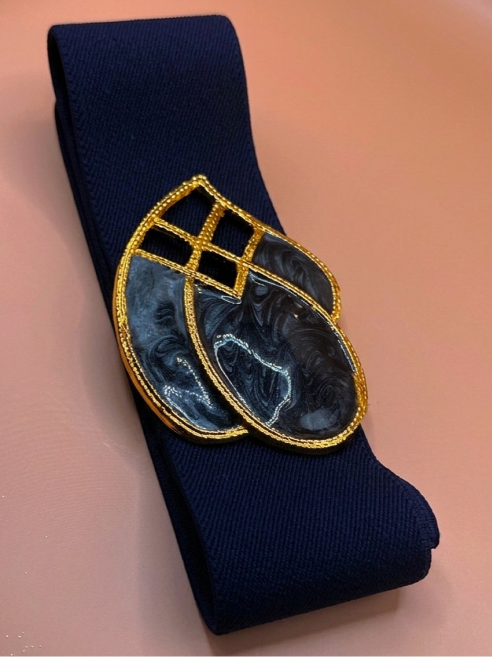 Vintage 80s Day-Lor Navy Stretch  Belt  Ornate Gold & Enamel Sz Medium